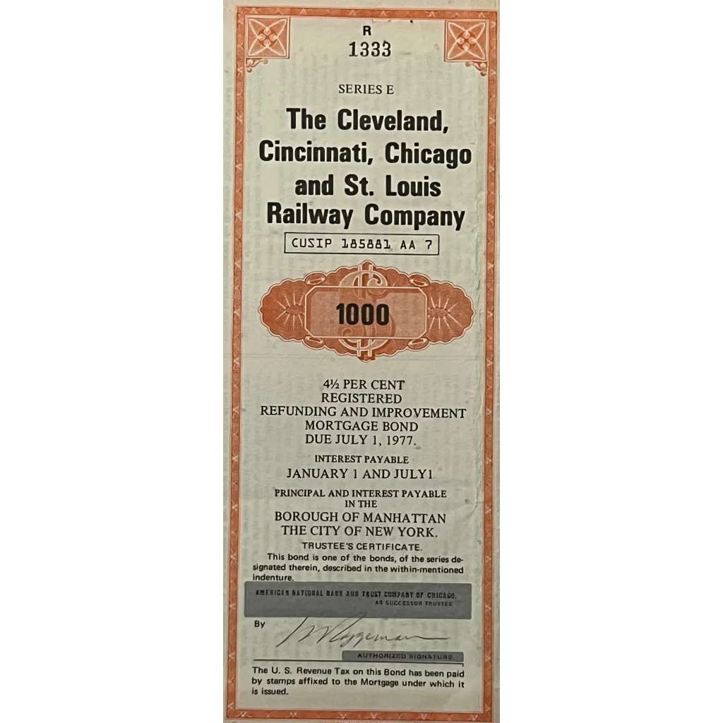 1927 Cleveland Cincinnati Chicago & St. Louis Railway Bond Certificate - Orange Collectibles Antique Vintage Stock