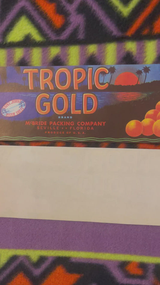 Vintage Tropic Gold Citrus Crate Label 🍊 McBride Packing Company Seville Florida Saint Johns River Fruit American Made