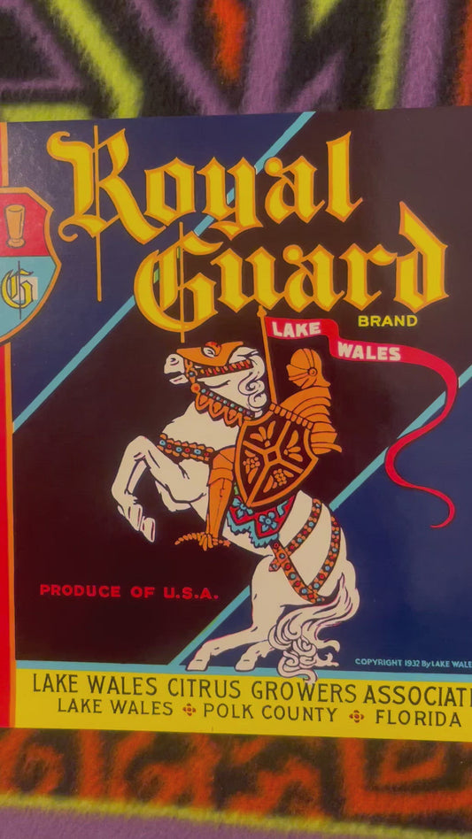 Vintage Royal Guard Brand 🏇 1932 Citrus Crate Label Knight on Horseback Lake Wales Florida Lithograph American Made