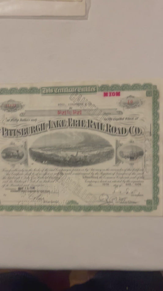 Vintage 1930s Pittsburgh & Lake Erie Railroad Stock Certificate 🚂 $50 Par Shares, Steel Era Wall Art