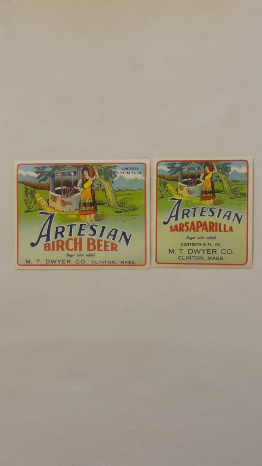 Antique 1930s M. T. Dwyer Artesian Birch Beer Sarsaparilla Bottle Labels NOS Paper Unused Clinton Massachusetts Pair American Made 🍺