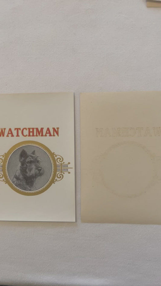 Antique Watchman Cigar Label 🐾 Scottish Terrier Scottie Dog Gold Embossed Vintage Tobacco Ephemera 🏷️ NOS