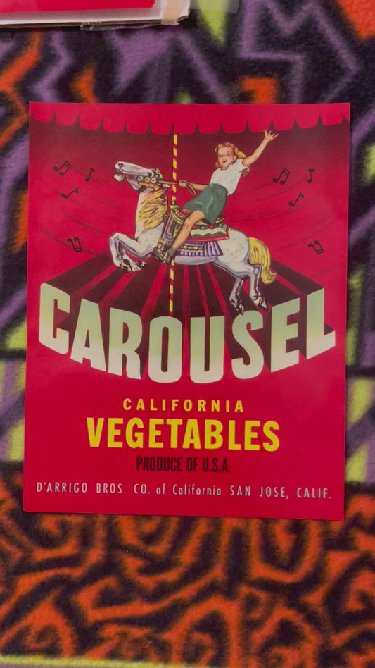 Etiqueta de caja de carrusel vintage, San Jose, Ca, Niño, Merry Go Round 1950