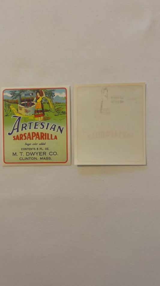 Vintage Artesian Sarsaparilla Bottle Label 1930s M.T. Dwyer Co Clinton MA NOS Paper Well Girl Illustration American Made ✨