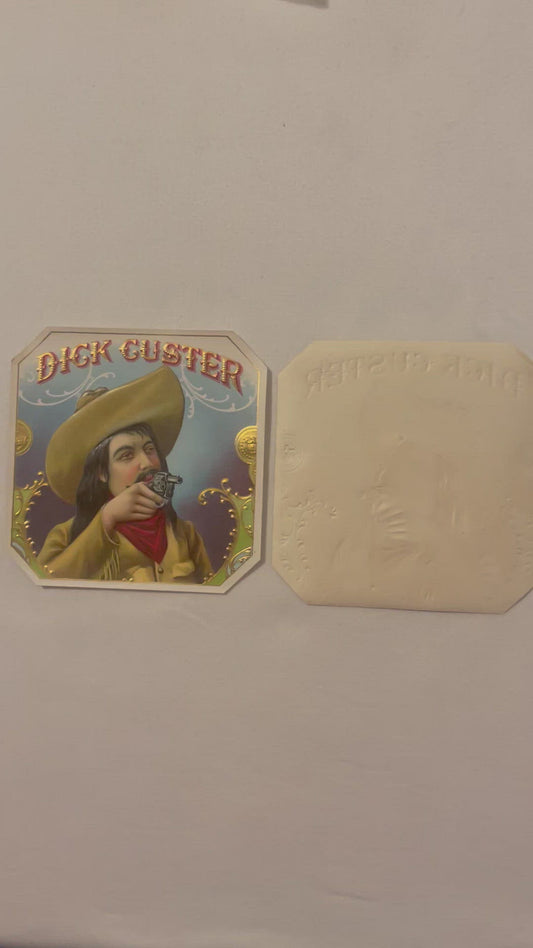 Antique Dick Custer Cigar Label 🤠 Gold Embossed Cowboy NOS Chromolithograph