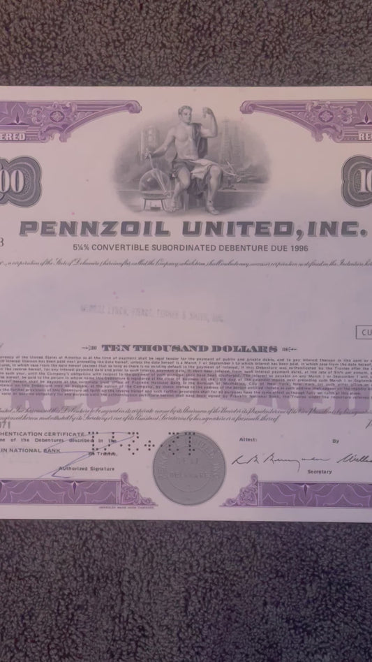Vintage 1970s Pennzoil United Stock Certificate 10000 Shares Purple Oil Racing Rockefeller Americana Indy 500 Wall Art 🏁 🛢️