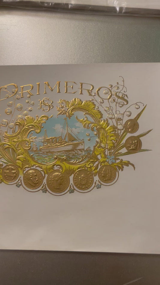 Antique Embossed Primeros Cigar Label ~ Gold Steamship &amp; Nautical Design, 1900s-1920s