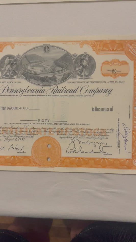 Vintage 1950s 1960s Pennsylvania Railroad Stock Certificate Orange Horseshoe Curve Monopoly Railroad 📜