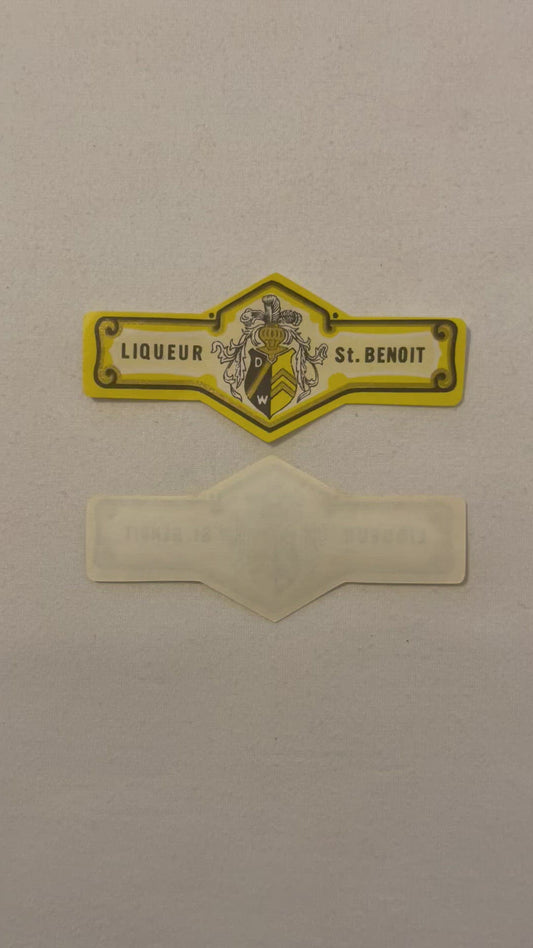 Antique St. Benoit Liqueur Neck Label 1920s France 🏷️ Yellow Gold Heraldic Crest DW Coat of Arms 🥂