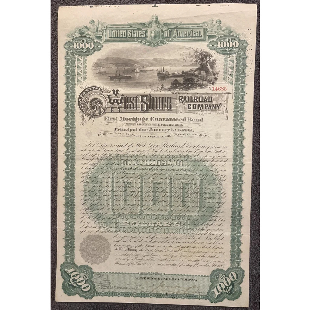 Antique 1885 West Shore Railroad Company Gold Bond Certificate Collectibles | Unique Vintage Piece