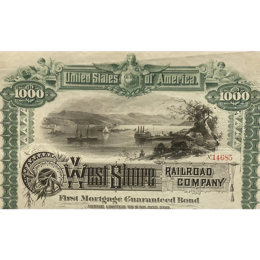 Antique 1885 West Shore Railroad Company Gold Bond Certificate Collectibles Vintage Stock and Certificates | Unique