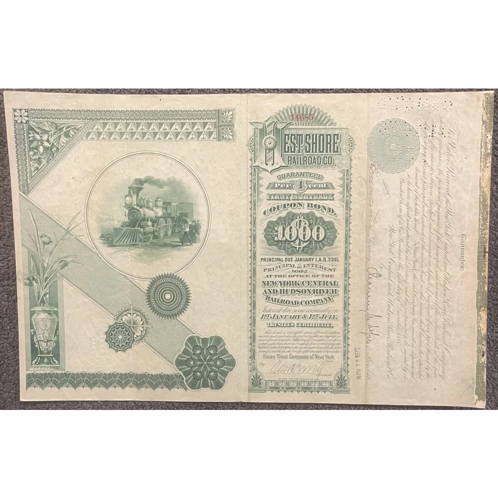 Antique 1885 West Shore Railroad Company Gold Bond Certificate Collectibles Vintage Stock and Certificates | Unique