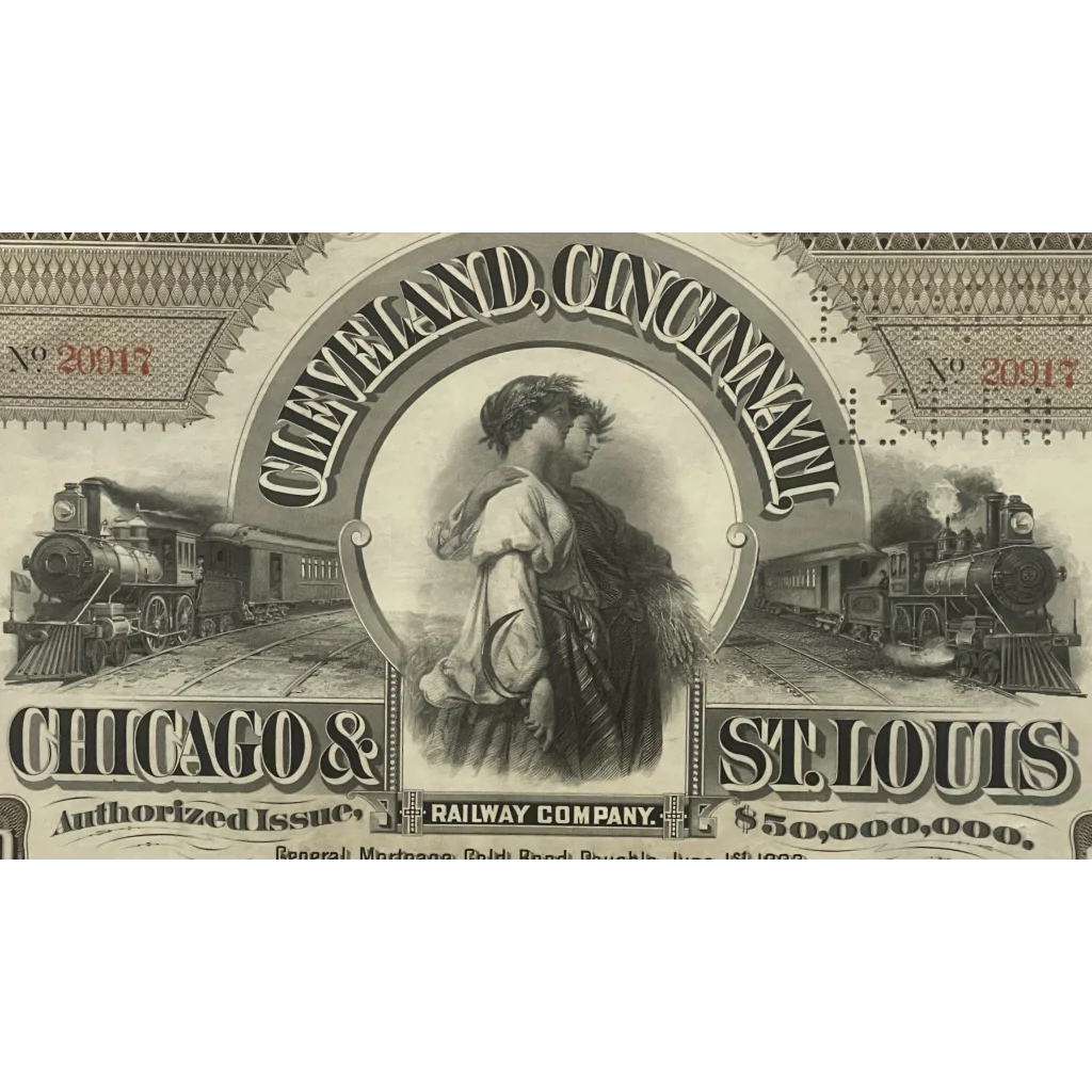Antique 1893 Cleveland Cincinnati Chicago St Louis Railroad Bond Certificate Collectibles Vintage Stock