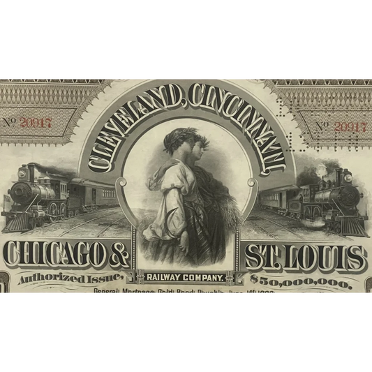 Antique 1893 Cleveland Cincinnati Chicago St Louis Railroad Bond Certificate Collectibles Vintage Stock