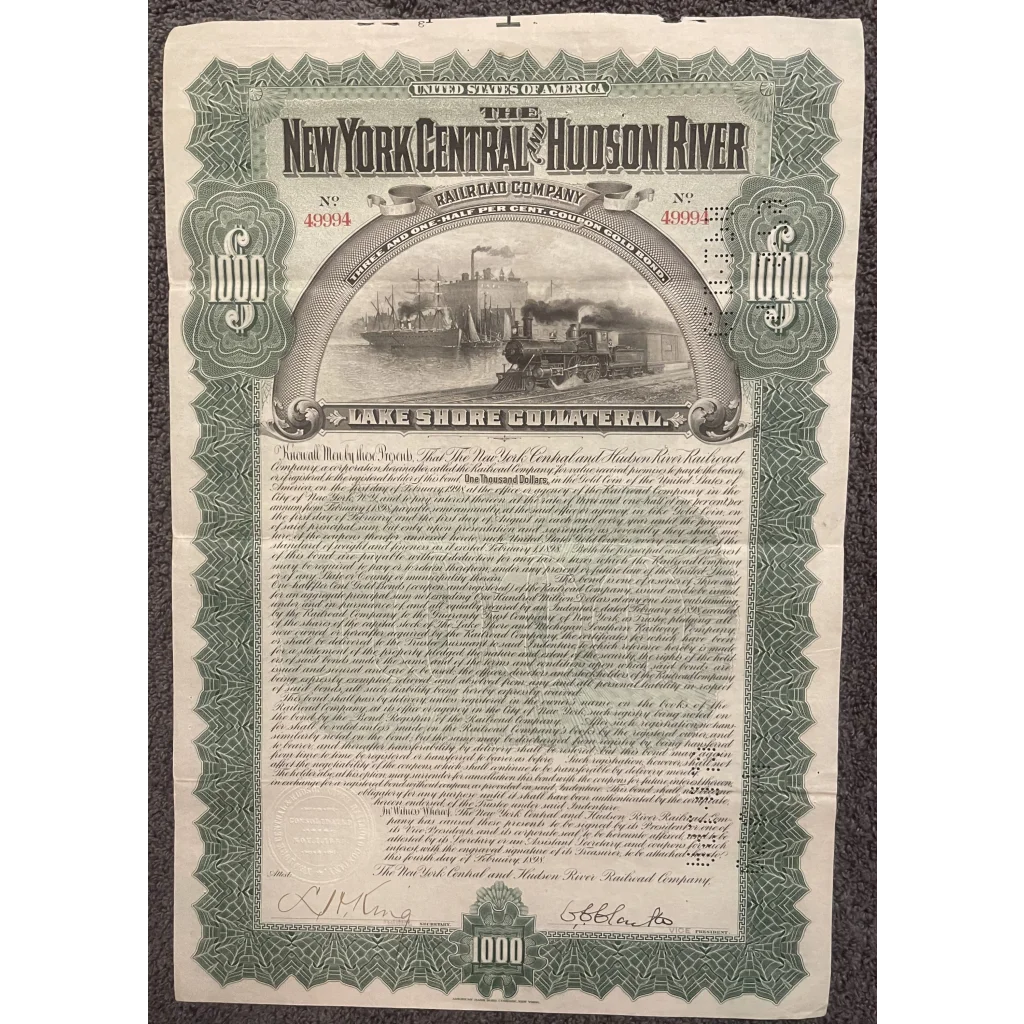 Antique 1898 New York Central And Hudson River Railroad Co. Gold Bond Certificate Collectibles Vintage Stock