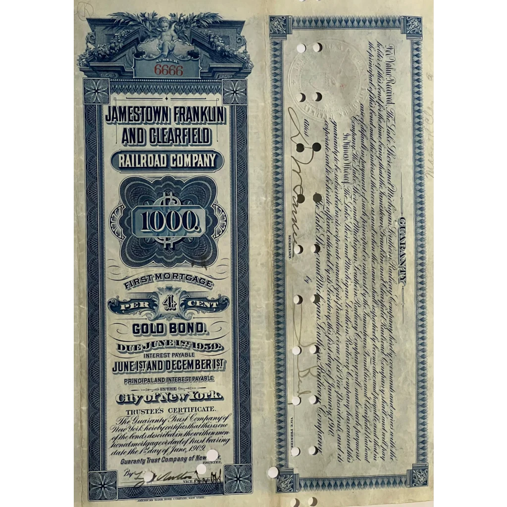 Antique 1909 Jamestown Franklin And Clearfield Railroad Company Gold Bond Certificate - Vintage Advertisements - Stock