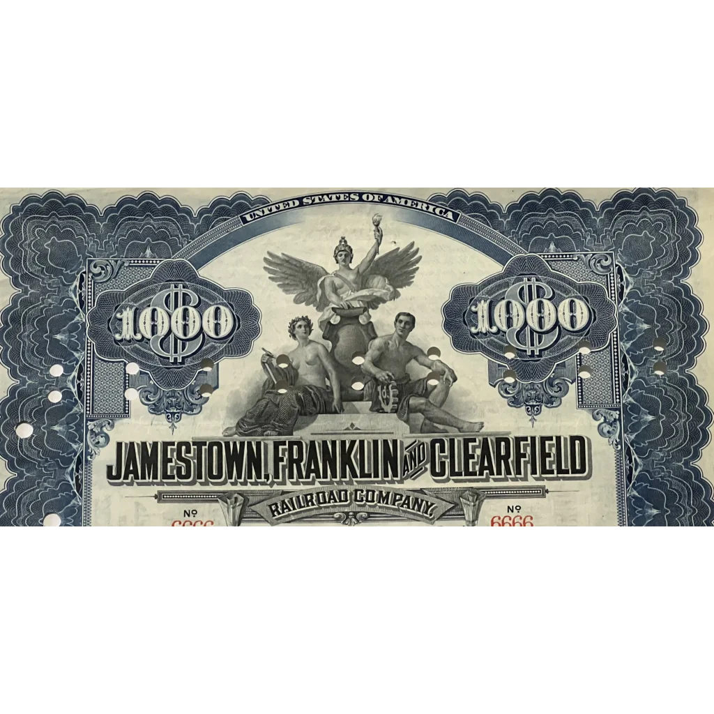 Antique 1909 Jamestown Franklin And Clearfield Railroad Company Gold Bond Certificate - Vintage Advertisements - Stock
