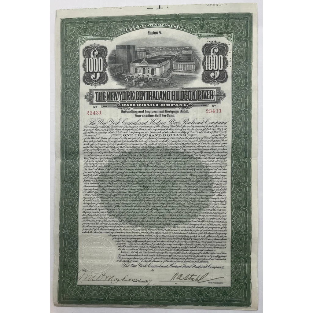 Antique 1913 New York Central Hudson River Railroad Bond Certificate Grand Collectibles Rare NYC - Collectible