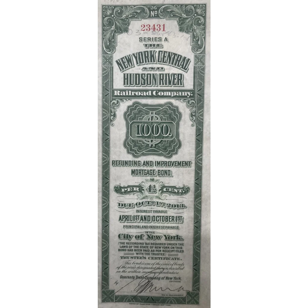 Antique 1913 New York Central Hudson River Railroad Bond Certificate Grand Collectibles Vintage and Gifts Home page