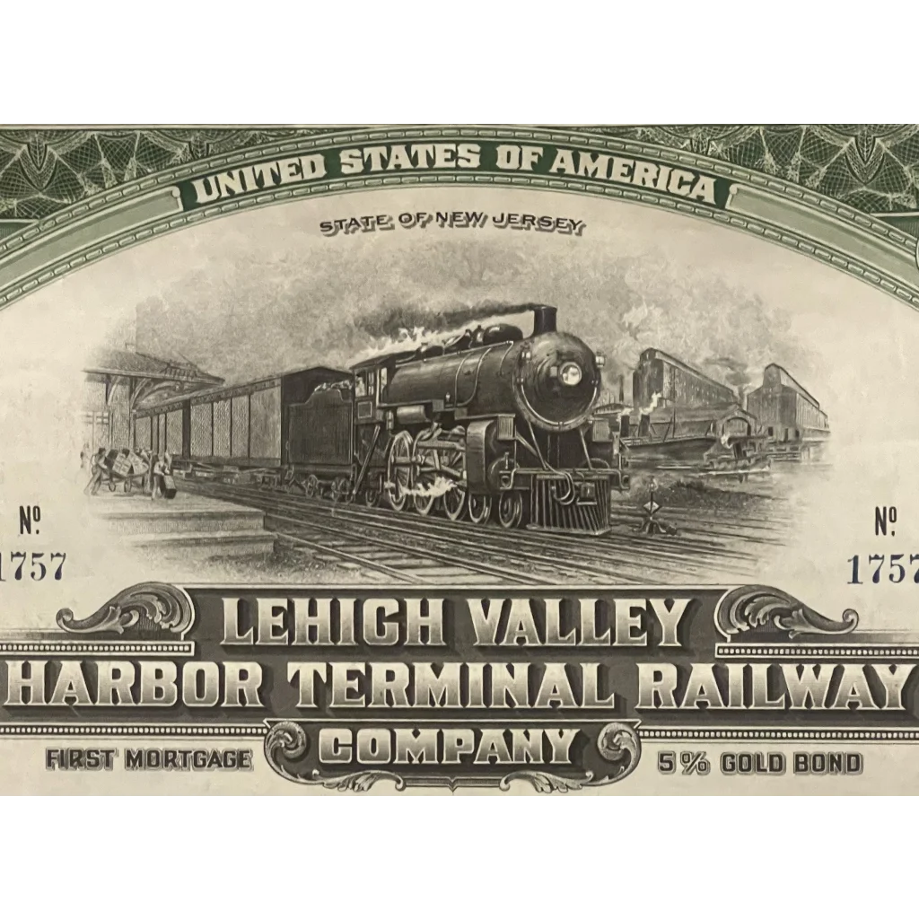 Antique 1924 Lehigh Valley Harbor Terminal Railway Co. Gold Bond Certificate Vintage Advertisements Stock