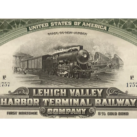 Antique 1924 Lehigh Valley Harbor Terminal Railway Co. Gold Bond Certificate Vintage Advertisements and Gifts Home page