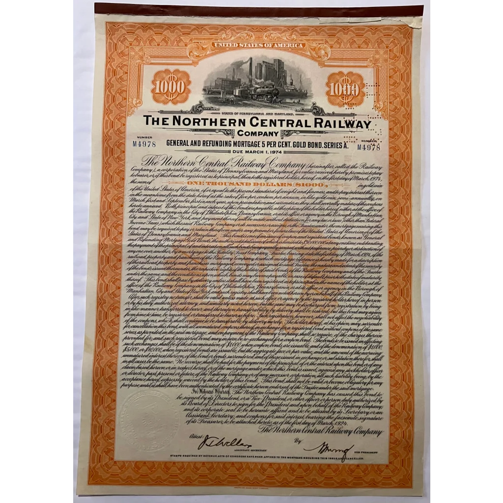 Antique 1924 Northern Central Railway Company Gold Bond Certificate Vintage Advertisements Stock and Certificates RARE