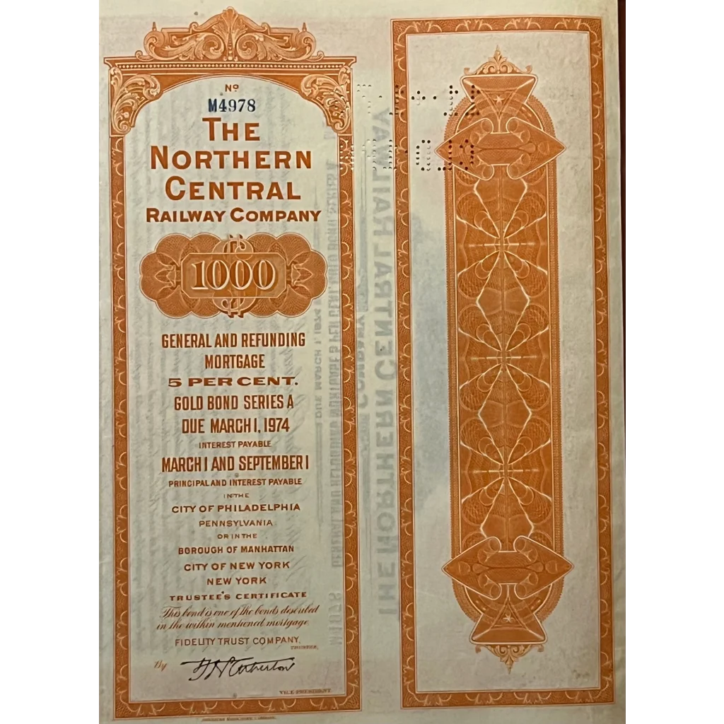 Antique 1924 Northern Central Railway Company Gold Bond Certificate Vintage Advertisements RARE - A True Gem!