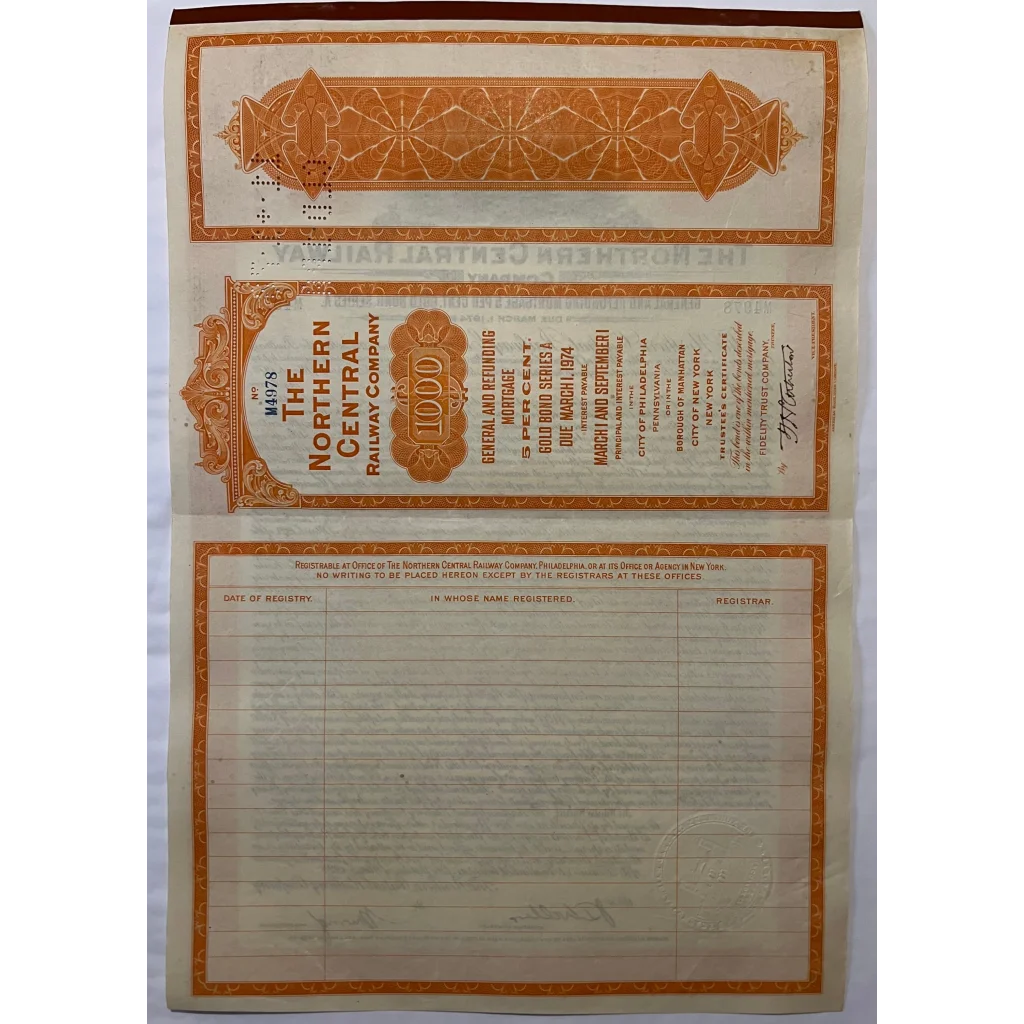 Antique 1924 Northern Central Railway Company Gold Bond Certificate Vintage Advertisements Stock and Certificates RARE