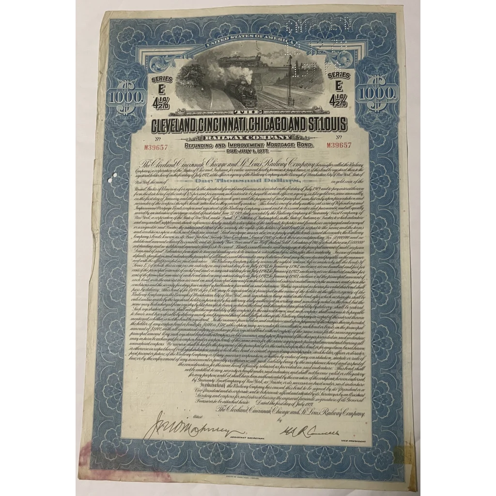 Antique 1927 Cleveland Cincinnati Chicago & St. Louis Railway Co. Bond Certificate - Vintage Advertisements - Stock