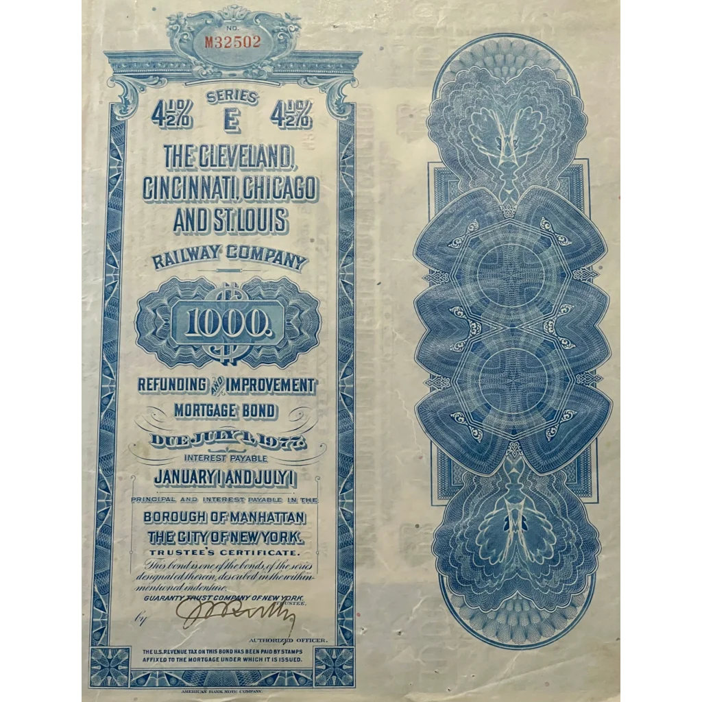 Antique 1927 Cleveland Cincinnati Chicago & St. Louis Railway Co. Bond Certificate - Vintage Advertisements - Stock