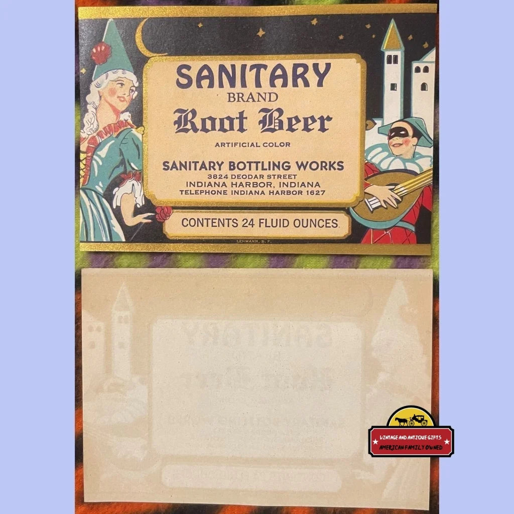 Antique Sanitary Root Beer Label Indiana Harbor In Medieval Court Jester Castles Princess 1920s - Vintage Advertisements