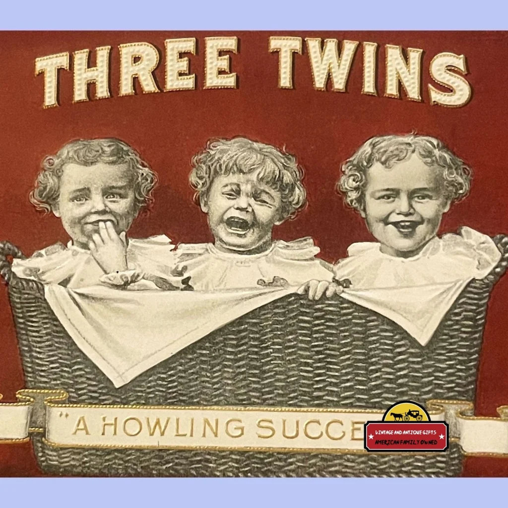Antique Three Twins Embossed Cigar Label ’ a Howling Success’ 1900s - 1920 Vintage Advertisements Tobacco