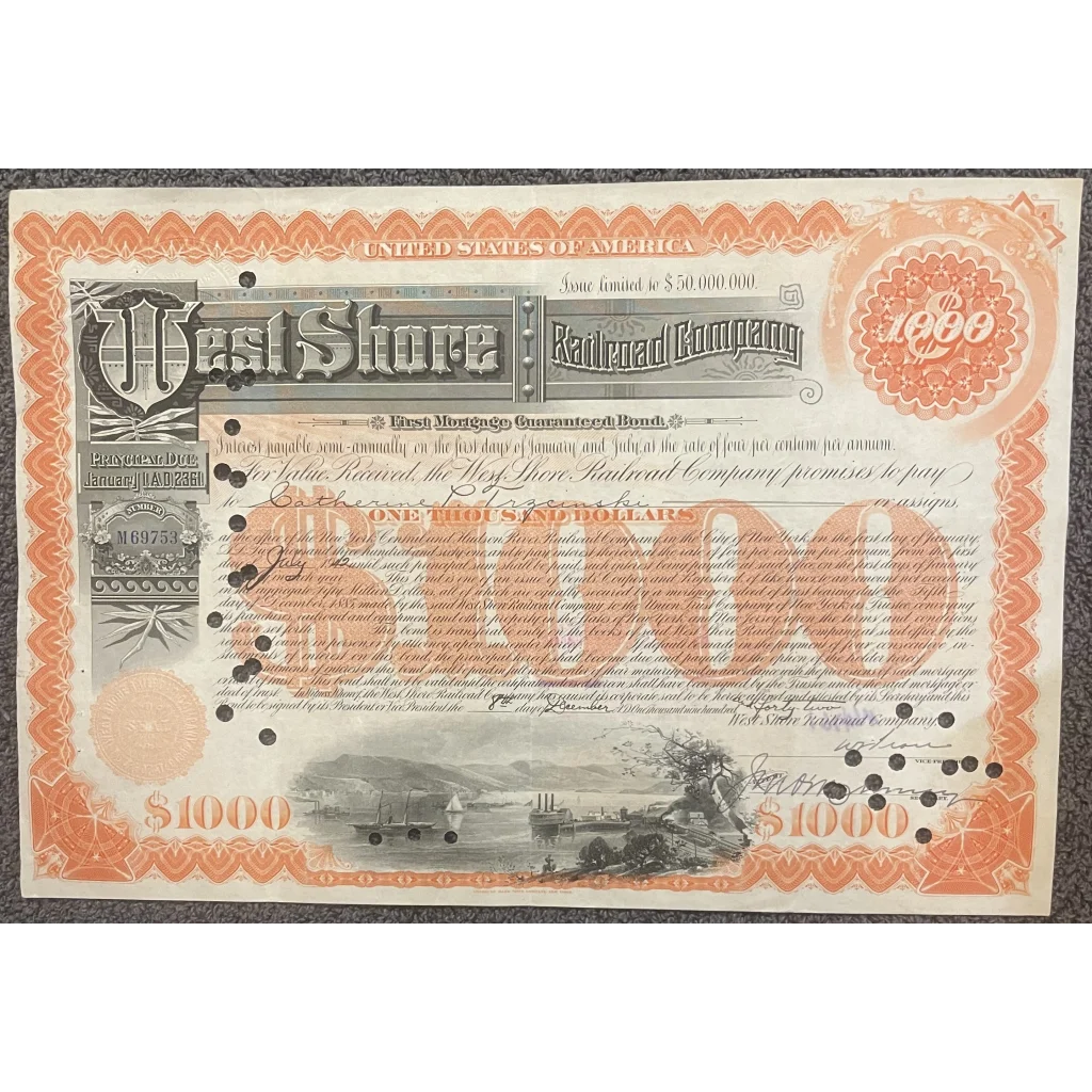 Antique Vintage 1920s - 1970s West Shore Railroad Stock Certificate - Collectibles - And Bond Certificates. Unique