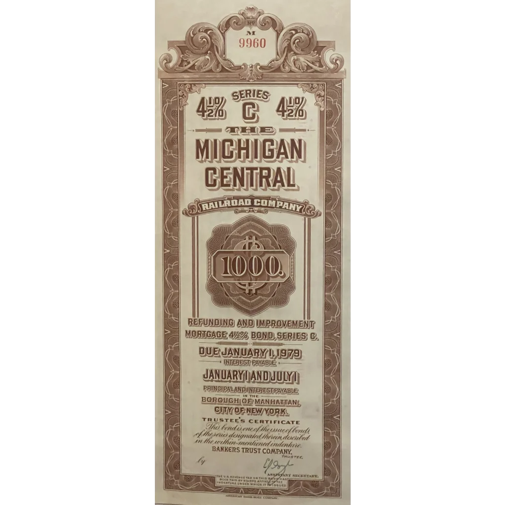 Antique Vintage 1929 Michigan Central Railroad Gold Bond Certificate Collectibles Rare RR - Historic Relic!