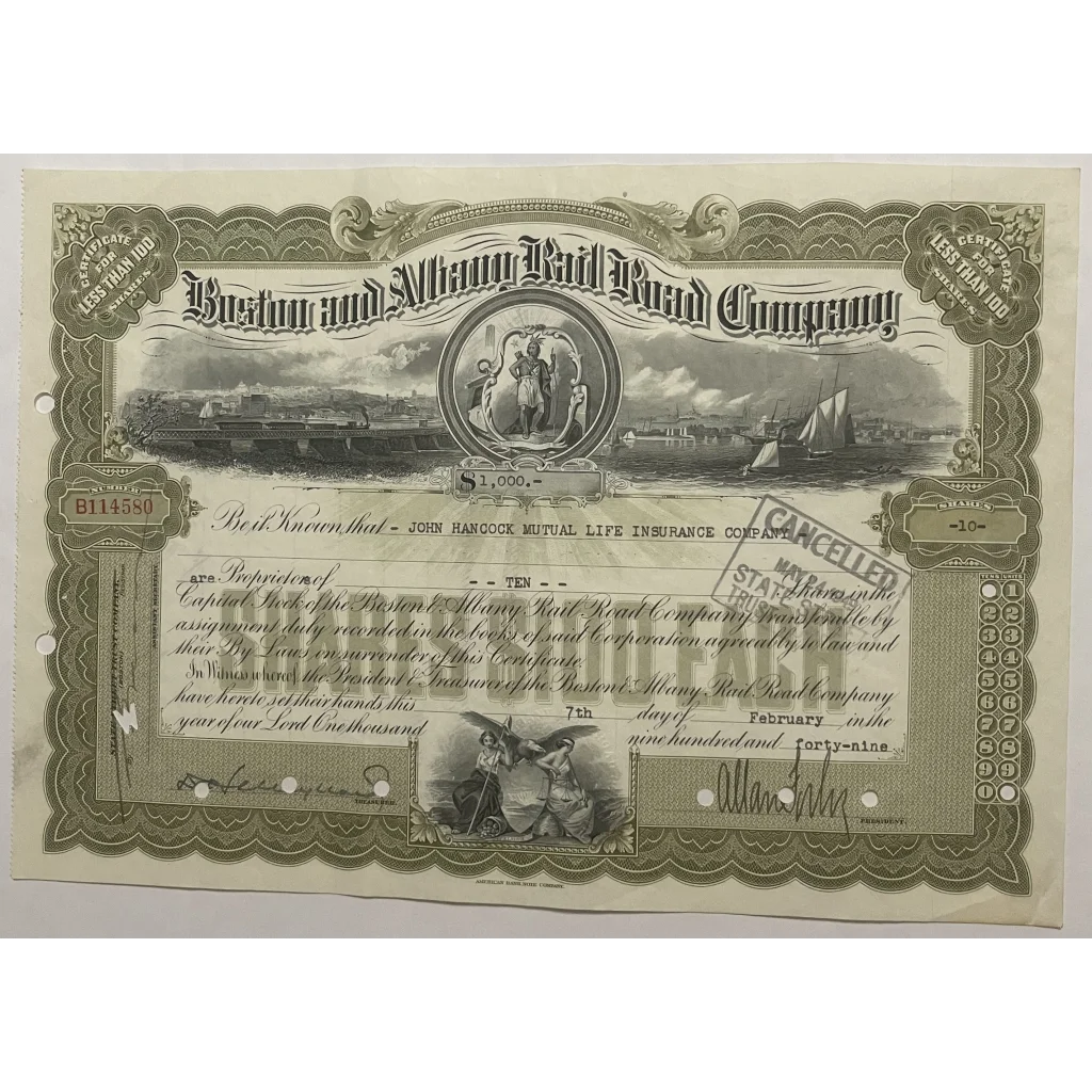 Antique Vintage 1930s-1950s Boston Albany Railroad Stock Certificate - Collectibles - And Bond Certificates. Rare From