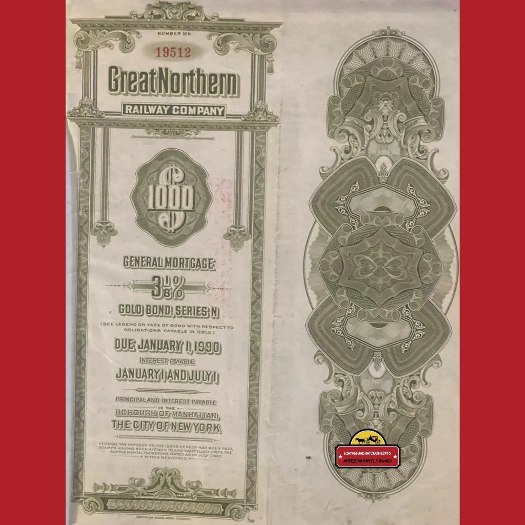 Antique Vintage 1945 Great Northern Railway Railroad Company Gold Bond Certificate Advertisements Stock