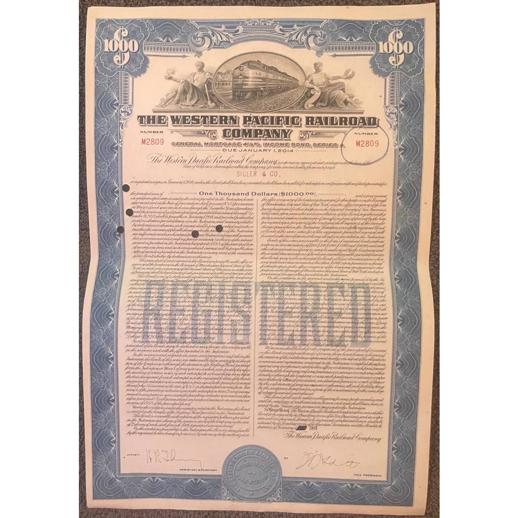 Antique Vintage 1945 Western Pacific Railroad Company Bond Certificate Blue Collectibles Stock and Certificates