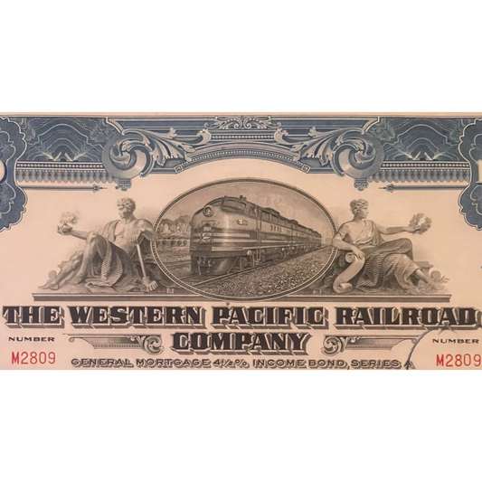 Antique Vintage 1945 Western Pacific Railroad Company Bond Certificate Blue Collectibles Authentic - Collectible