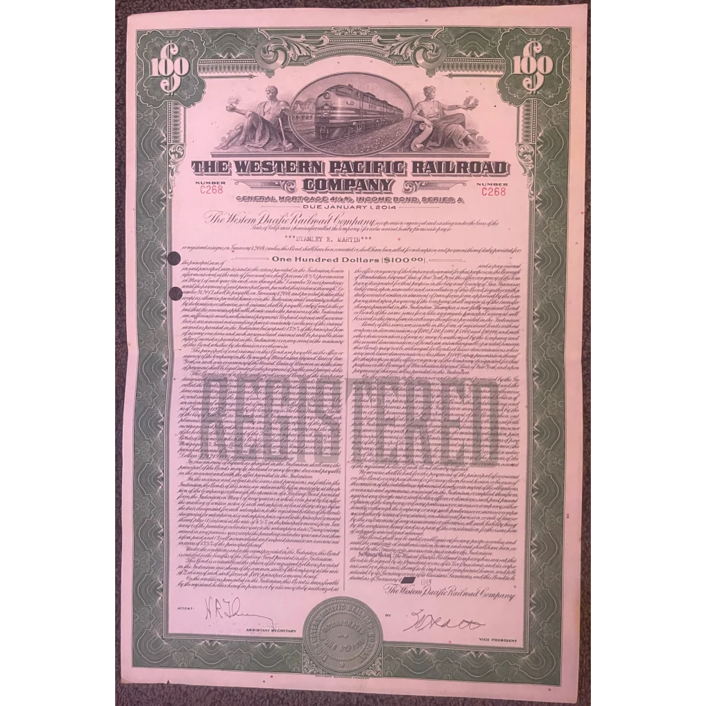 Antique Vintage 1945 Western Pacific Railroad Company Bond Certificate Green - Collectibles - Stock Certificates.
