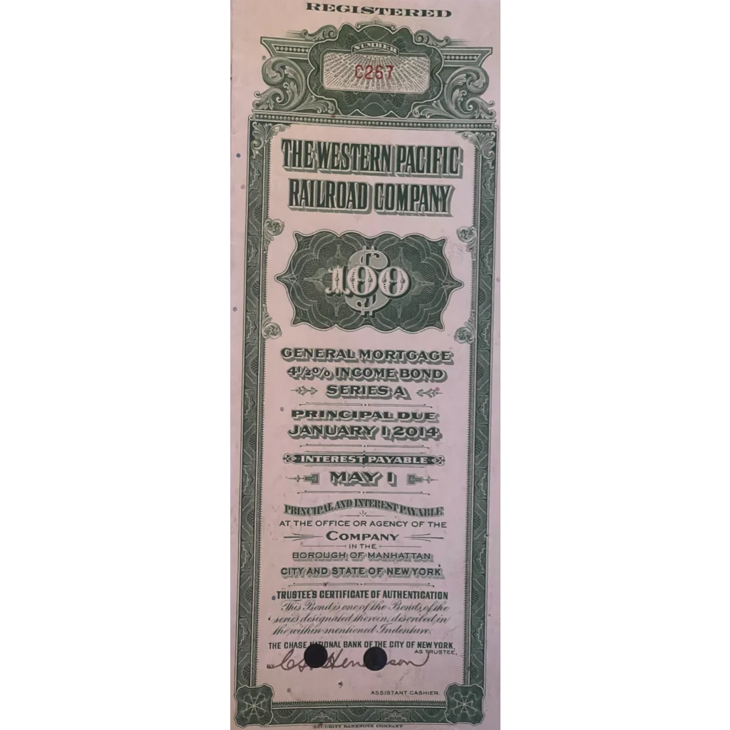 Antique Vintage 1945 Western Pacific Railroad Company Bond Certificate Green - Collectibles - Stock Certificates.