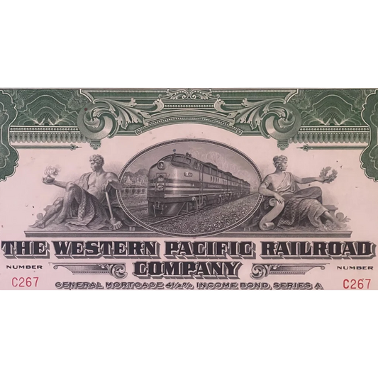 Antique Vintage 1945 Western Pacific Railroad Company Bond Certificate Green Collectibles Stock and Certificates