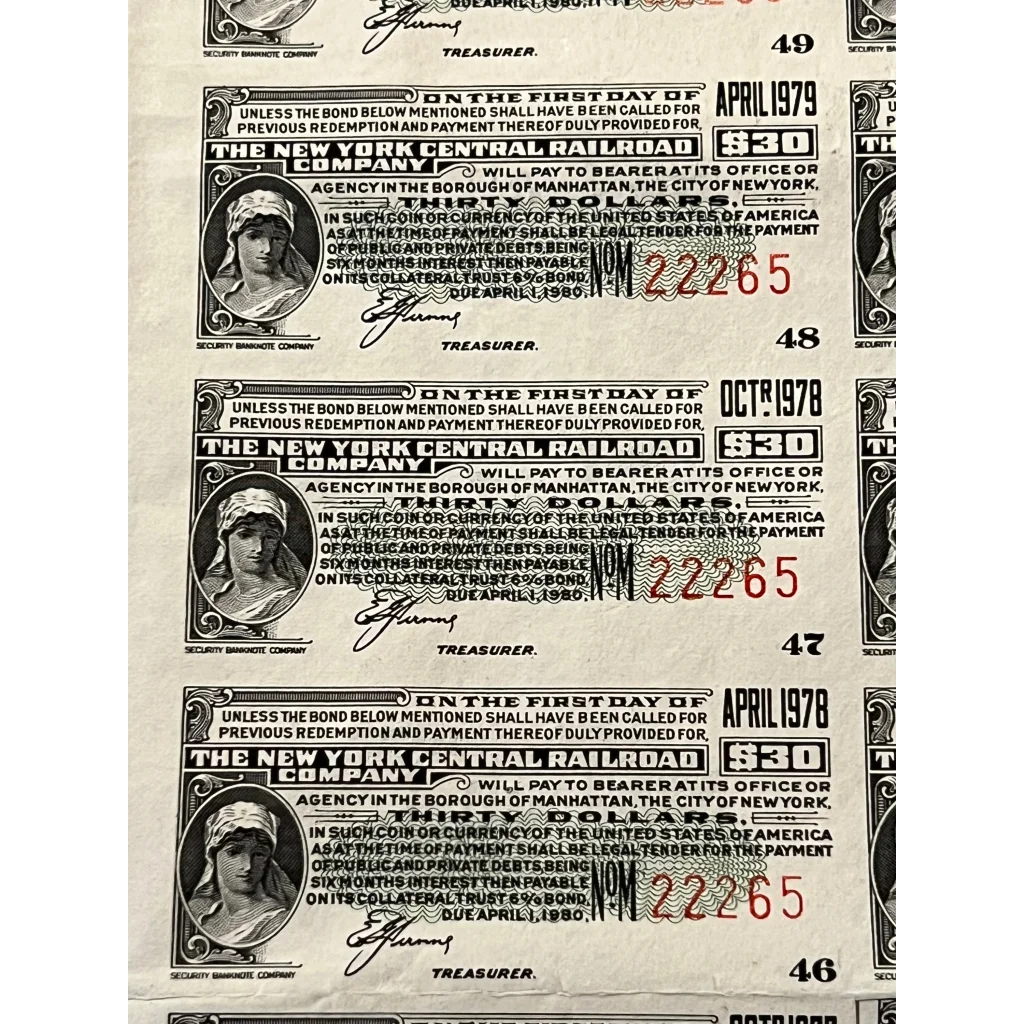 Antique Vintage 1955 New York Central Railroad Co. Gold Bond Certificate - Green Advertisements Stock and Certificates