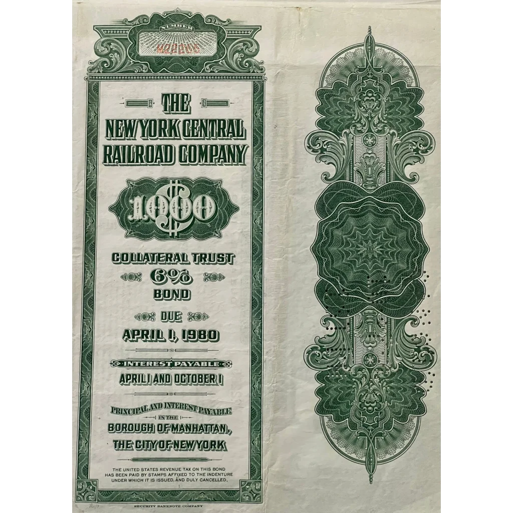 Antique Vintage 1955 New York Central Railroad Co. Gold Bond Certificate - Green Advertisements Stock and Certificates