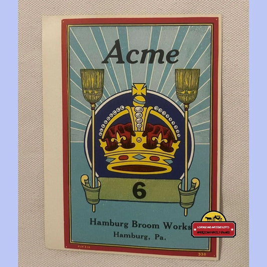 Antique Vintage Acme 6 Broom Label 1900s - 1930s Advertisements Labels Rare Stunning Artwork Unique Design
