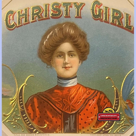 Antique Vintage Christy Girl Embossed Cigar Label 1900s - 1920s Victorian Woman! Advertisements and Gifts Home page