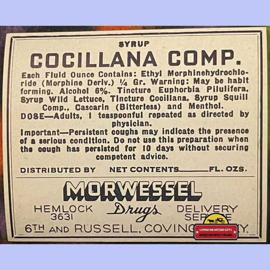 Antique Vintage Cocillana Morphine Pharmacy Label Covington Ky 1910s Advertisements and Gifts Home page Rare
