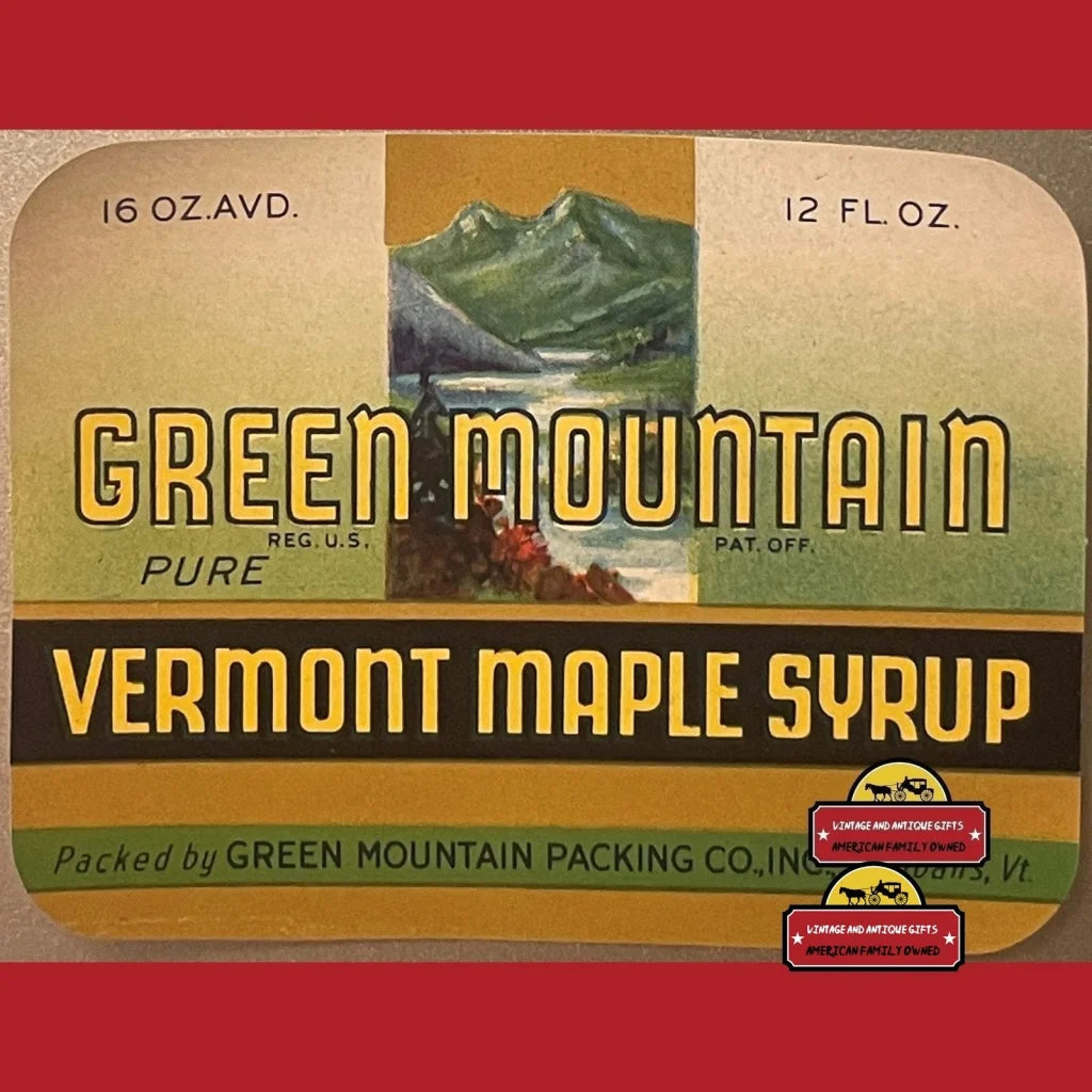 Antique Vintage Green Mountain Vermont Maple Syrup Label St. Albans Vt 1930s - Advertisements - Food And Home Misc.