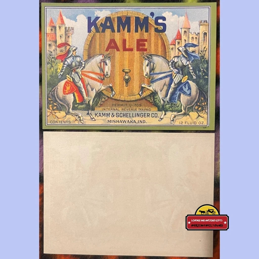 Antique Vintage Kamm’s Ale Label Knights Shining Armor On Horses Mishawaka In 1930s Advertisements Beer and Alcohol