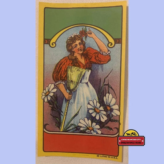 Antique Vintage Lady With Flowers Collectible Broom Label 1900s - 1930s ~ Advertisements Labels Rare Early