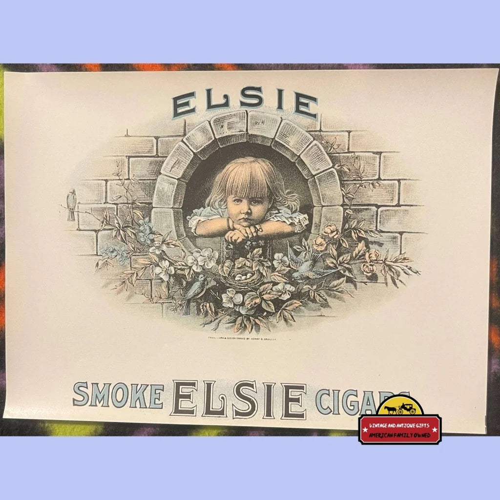 Antique Vintage Large Elsie Cigar Label 1900s - 1920s Cute Victorian Child! - Advertisements - Tobacco And Labels |